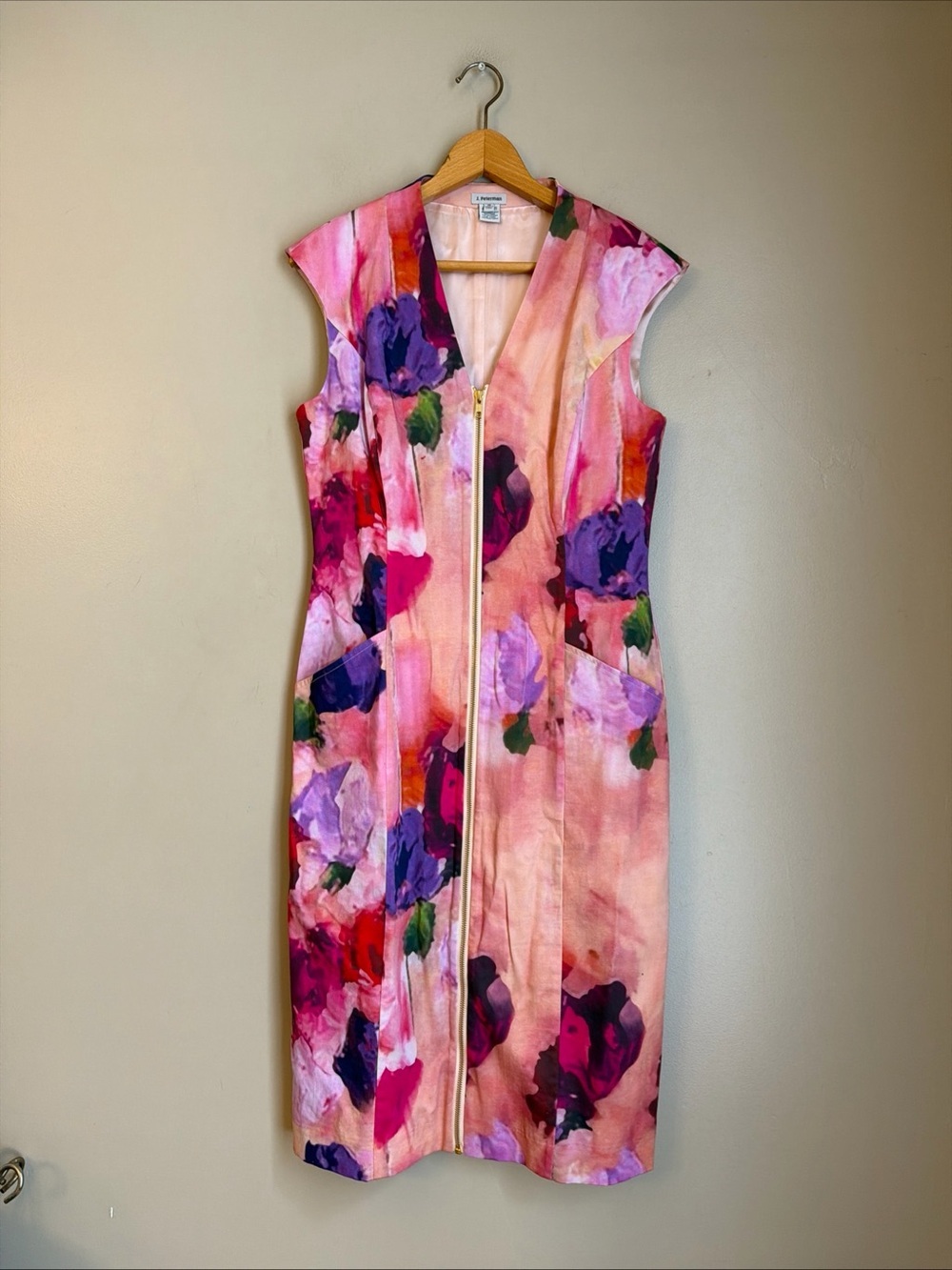 J Peterman Pink Purple Dress Floral Full Zip Sleeveless sz 10 Party Cocktail
